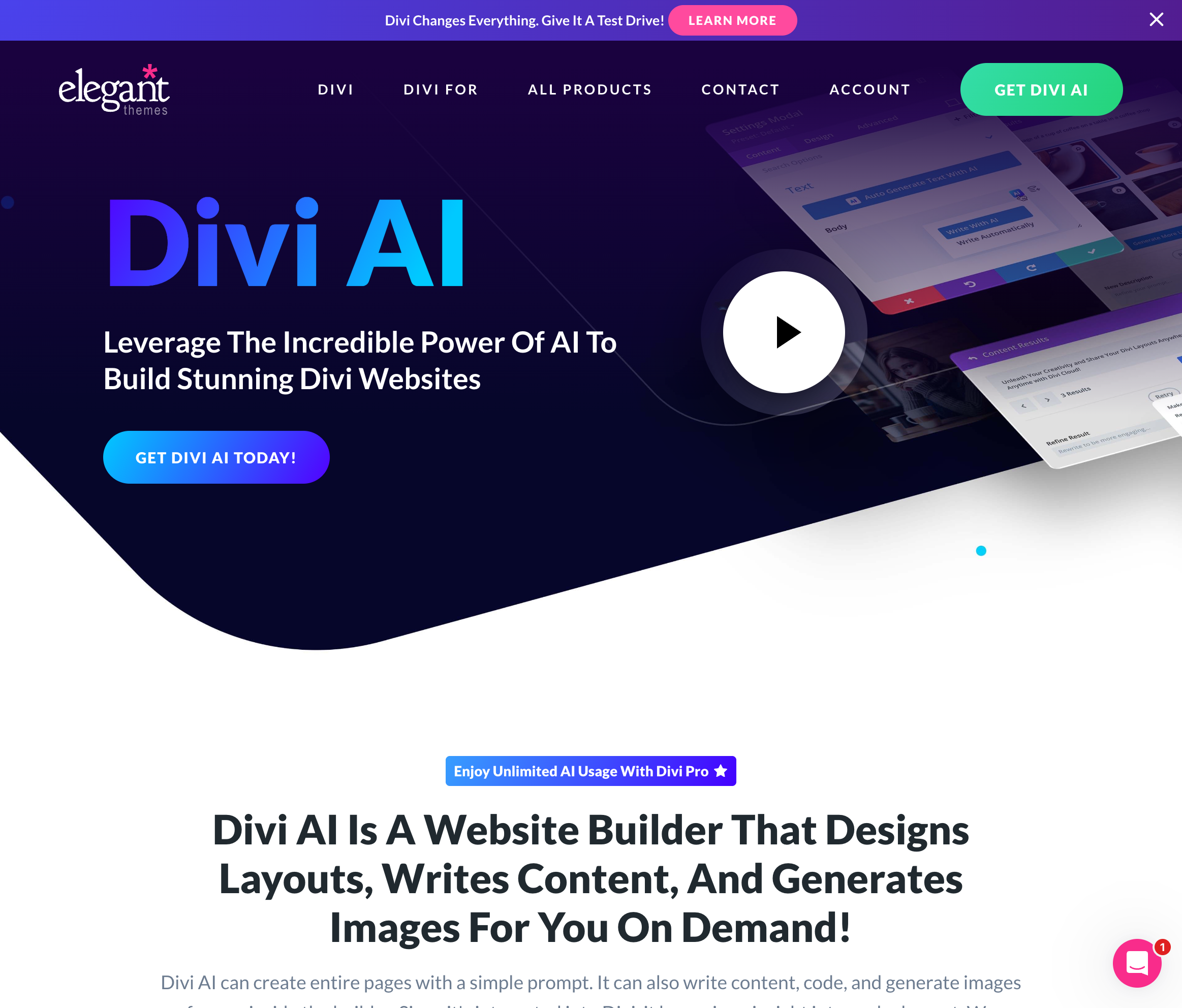 Divi AI landing page